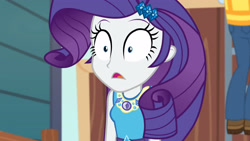 Size: 3410x1920 | Tagged: safe, imported from derpibooru, screencap, rarity, equestria girls, equestria girls series, rollercoaster of friendship, female, geode of shielding, hairpin, high res, magical geodes, open mouth, rarity peplum dress, shrunken pupils, solo