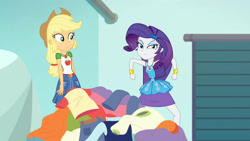 Size: 3410x1920 | Tagged: safe, imported from derpibooru, screencap, applejack, rarity, equestria girls, equestria girls series, rollercoaster of friendship, applejack's hat, belt, bracelet, clothes, cowboy hat, cutie mark, cutie mark on clothes, denim skirt, female, geode of shielding, geode of super strength, hairpin, hat, high res, jewelry, magical geodes, necklace, rarity peplum dress, skirt