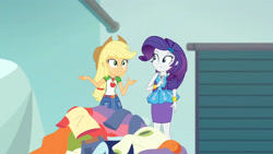 Size: 3410x1920 | Tagged: safe, imported from derpibooru, screencap, applejack, rarity, equestria girls, equestria girls series, rollercoaster of friendship, applejack's hat, belt, bracelet, clothes, cowboy hat, cutie mark, cutie mark on clothes, denim skirt, female, geode of shielding, geode of super strength, hairpin, hat, high res, jewelry, magical geodes, necklace, rarity peplum dress, skirt