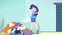 Size: 3410x1920 | Tagged: safe, imported from derpibooru, screencap, rarity, equestria girls, equestria girls series, rollercoaster of friendship, armpits, bracelet, clothes, cutie mark, cutie mark on clothes, eyes closed, female, geode of shielding, hairpin, high heels, high res, jewelry, magical geodes, open mouth, rarity peplum dress, shoes, solo