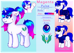 Size: 3120x2258 | Tagged: safe, artist:legionsunite, imported from derpibooru, oc, oc only, oc:magenta pulse, pony, unicorn, clothes, high res, ponytail, profile, reference sheet, simple background, text