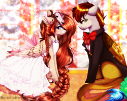 Size: 4000x3179 | Tagged: safe, artist:krissstudios, imported from derpibooru, oc, oc only, oc:ondrea, pegasus, pony, clothes, dress, female, male, mare, stallion, suit, wedding dress