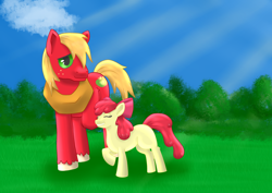 Size: 2912x2059 | Tagged: safe, artist:fia94, imported from derpibooru, apple bloom, big macintosh, earth pony, pony, female, filly, high res, male, sabe, siblings, stallion