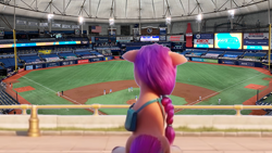 Size: 1000x563 | Tagged: safe, edit, edited screencap, imported from derpibooru, screencap, sunny starscout, earth pony, human, pony, spoiler:my little pony: a new generation, baseball, boston red sox, g5, irl, irl human, mlb, my little pony: a new generation, photo, photoshop, ponies in real life, sitting, solo, sports, stadium, tampa bay rays, tropicana field