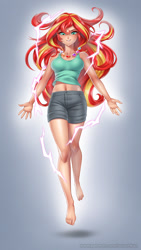 Size: 1000x1770 | Tagged: safe, artist:racoonsan, imported from derpibooru, sunset shimmer, human, equestria girls, barefoot, clothes, cute, feet, floating, geode of empathy, geode of fauna, geode of shielding, geode of sugar bombs, geode of super speed, geode of super strength, geode of telekinesis, humanized, jewelry, levitation, looking at you, magic, magical geodes, midriff, necklace, powerful, shorts, solo, tanktop, telekinesis
