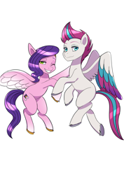 Size: 2894x4093 | Tagged: safe, artist:haibaratomoe, imported from derpibooru, pipp petals, zipp storm, pegasus, pony, colored wings, duo, duo female, eyebrows, eyebrows visible through hair, female, flying, g5, grin, gritted teeth, high res, looking at you, mare, multicolored wings, my little pony: a new generation, one eye closed, royal sisters (g5), siblings, simple background, sisters, smiling, smiling at you, spread wings, white background, wings, wink, winking at you