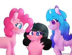 Size: 1000x764 | Tagged: safe, artist:thatonefluffs, imported from derpibooru, izzy moonbow, pinkie pie, oc, oc:moonlight, earth pony, unicorn, blushing, freckles, g5, my little pony: a new generation, unshorn fetlocks