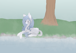 Size: 1206x834 | Tagged: safe, artist:daringpineapple, imported from derpibooru, oc, oc only, pony, deviantart watermark, female, grass, leonine tail, lying down, mare, obtrusive watermark, outdoors, river, solo, tail, tree, watermark