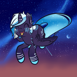 Size: 3000x3000 | Tagged: safe, artist:zombietator, imported from derpibooru, oc, oc only, alicorn, pony, alicorn oc, aurora borealis, colored hooves, crescent moon, female, flying, high res, horn, mare, moon, night, solo, stars, tattoo, wings