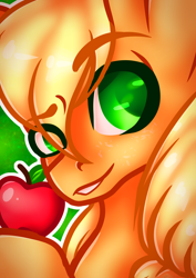 Size: 2480x3508 | Tagged: safe, artist:ermy-poo, imported from derpibooru, applejack, pony, apple, bust, female, food, high res, mare, solo