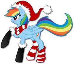 Size: 1800x1562 | Tagged: safe, artist:telasra, imported from derpibooru, rainbow dash, pegasus, pony, backwards cutie mark, christmas, clothes, eyelashes, female, hat, holiday, mare, raised hoof, santa hat, scarf, simple background, smiling, socks, solo, striped socks, transparent background, wings