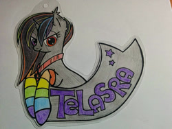 Size: 1600x1200 | Tagged: safe, artist:telasra, imported from derpibooru, oc, oc only, pony, unicorn, bust, clothes, eyelashes, female, horn, mare, rainbow socks, smiling, socks, solo, striped socks, traditional art, unicorn oc