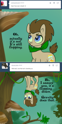 Size: 650x1302 | Tagged: safe, artist:toadstool-prancer, imported from derpibooru, doctor whooves, time turner, oc, oc:tantamount, earth pony, pony, disguise, disguised changeling, solo, tantamount time turner, tree, upside down