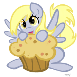 Size: 1200x1200 | Tagged: safe, artist:telasra, imported from derpibooru, derpy hooves, pegasus, pony, eyelashes, female, food, mare, micro, muffin, simple background, smiling, solo, white background, wings