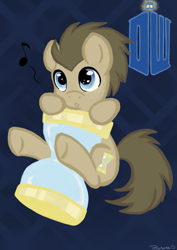 Size: 595x842 | Tagged: safe, artist:telasra, imported from derpibooru, doctor whooves, time turner, earth pony, pony, abstract background, hourglass, male, micro, music notes, smiling, solo, stallion