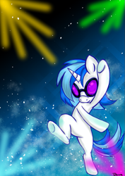 Size: 595x842 | Tagged: safe, artist:telasra, imported from derpibooru, dj pon-3, vinyl scratch, pony, unicorn, bipedal, dancing, female, fireworks, horn, mare, smiling, solo, standing, standing on one leg, sunglasses, underhoof