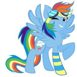 Size: 2449x2449 | Tagged: safe, artist:telasra, imported from derpibooru, rainbow dash, pegasus, pony, clothes, female, goggles, grin, high res, mare, simple background, smiling, socks, solo, striped socks, transparent background, wings