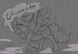 Size: 1624x1139 | Tagged: safe, artist:millefaller, imported from derpibooru, oc, oc only, pegasus, pony, crying, eyes closed, gritted teeth, lineart, pegasus oc, rain, raised hoof, sad, solo, wings