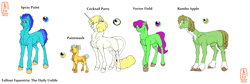 Size: 3600x1206 | Tagged: safe, artist:anelaponela, imported from derpibooru, oc, oc only, oc:cocktail party, oc:paintmash, oc:rambo apple, oc:spray paint, oc:vector field, earth pony, pony, unicorn, fallout equestria, colt, ear fluff, earth pony oc, fallout equestria: the daily unlife, female, headcanon, horn, leonine tail, male, redesign, reference sheet, simple background, smiling, solo, tail, unicorn oc