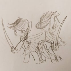 Size: 540x540 | Tagged: safe, artist:snowzaaah, imported from derpibooru, applejack, rainbow dash, earth pony, pegasus, pony, appledash, appledashdailydoodles, crossover, doodle, female, lesbian, monochrome, pencil drawing, revue starlight, shipping, sketch, sword, traditional art, weapon