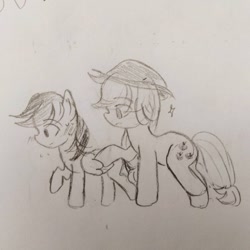 Size: 640x640 | Tagged: safe, artist:snowzaaah, imported from derpibooru, applejack, rainbow dash, earth pony, pegasus, pony, appledash, appledashdailydoodles, doodle, female, lesbian, monochrome, pencil drawing, shipping, sketch, traditional art