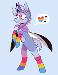 Size: 640x829 | Tagged: safe, artist:daniefox, imported from derpibooru, trixie, pony, unicorn, agender, agender pride flag, alternate hairstyle, cape, chest fluff, clothes, coat markings, curved horn, gender headcanon, grin, headcanon, heart, horn, pansexual, pansexual pride flag, pride, pride flag, sexuality headcanon, smiling, socks, socks (coat markings), solo, striped socks