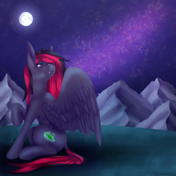 Size: 3000x3000 | Tagged: safe, artist:ermy-poo, imported from derpibooru, oc, oc only, pegasus, pony, fangs, full moon, high res, milky way galaxy, moon, mountain, night, night sky, raised hoof, sitting, sky, solo, spread wings, starry night, wings