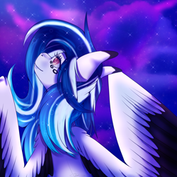 Size: 3000x3000 | Tagged: safe, artist:ermy-poo, imported from derpibooru, oc, oc only, oc:marie pixel, pegasus, pony, bust, colored wings, female, high res, mare, solo, spread wings, starry night, two toned wings, wings