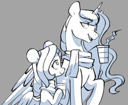 Size: 1280x1055 | Tagged: safe, artist:chub-wub, imported from derpibooru, fluttershy, princess luna, alicorn, pegasus, pony, clothes, coffee, cup, female, lesbian, lunashy, mare, monochrome, open mouth, raised hoof, scarf, shipping