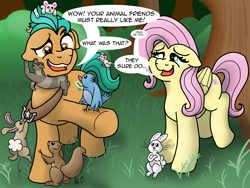 Size: 2451x1845 | Tagged: safe, artist:doodledonutart, imported from derpibooru, angel bunny, fluttershy, hitch trailblazer, bird, earth pony, ferret, mouse, pegasus, pony, rabbit, squirrel, spoiler:my little pony: a new generation, angel bunny is not amused, animal, comic, critter magnet, female, flutterhitch, forest, g5, male, my little pony: a new generation, shipping, stallion, straight, text, the new fluttershy
