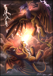 Size: 2100x3028 | Tagged: safe, artist:atlas-66, imported from derpibooru, gilda, spitfire, dracony, dragon, griffon, hybrid, fanfic:the empty room, duo, duo female, female, fight, frown, high res, lightning, mare, multiple wings, open mouth, sky, storm, stormcloud, teeth, wanderer d, wings