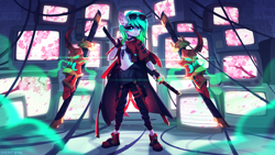 Size: 3440x1935 | Tagged: safe, artist:redchetgreen, imported from derpibooru, oc, oc only, oc:cherry blossom, anthro, plantigrade anthro, clothes, cyberpunk, female, future, high res, melee weapon, pants, samurai, shoes, solo, static, sunglasses, sword, television, weapon
