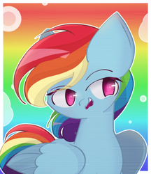 Size: 1600x1850 | Tagged: safe, artist:miryelis, imported from derpibooru, rainbow dash, pegasus, pony, female, mare, open mouth, rainbow background, solo