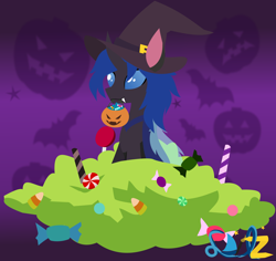 Size: 1864x1761 | Tagged: safe, artist:samsailz, imported from derpibooru, oc, oc only, oc:swift dawn, changeling, blue changeling, blue eyes, candy, candy bag, candy pile, changeling oc, commission, cute, fangs, food, halloween, hat, holiday, horn, male, purple background, signature, simple background, solo, stallion, wings, witch hat, ych result, your character here