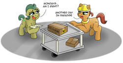 Size: 3814x1955 | Tagged: safe, artist:doodledonutart, imported from derpibooru, oc, earth pony, pony, cardboard box, comic, commission, factory, g5, monday, my little pony: a new generation, unnamed character, unnamed pony