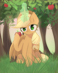 Size: 1650x2050 | Tagged: safe, artist:miryelis, imported from derpibooru, applejack, alicorn, pony, alicornified, apple, apple tree, applecorn, female, food, glowing, glowing horn, grass, horn, mare, race swap, solo, tree