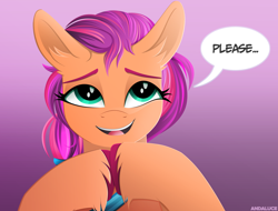 Size: 2722x2070 | Tagged: safe, artist:andaluce, imported from derpibooru, sunny starscout, earth pony, pony, spoiler:g5, spoiler:my little pony: a new generation, bronybait, cute, ear fluff, g5, high res, lineless, looking at you, my little pony: a new generation, pleading, simple background, smiling, solo, speech bubble, sunnybetes, talking to viewer, unshorn fetlocks