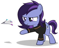 Size: 4140x3380 | Tagged: safe, artist:strategypony, imported from derpibooru, oc, oc only, oc:raven storm, earth pony, clothes, earth pony oc, female, filly, long sleeves, plane, raised hoof, simple background, stealth pun, throwing, toy, transparent background