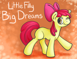 Size: 3850x2975 | Tagged: safe, artist:derpybloo, imported from derpibooru, apple bloom, earth pony, pony, female, filly, high res, one eye closed, solo, text, wink