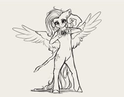 Size: 3952x3096 | Tagged: safe, artist:miokomata, imported from derpibooru, fluttershy, anthro, pegasus, unguligrade anthro, belly button, female, floppy ears, freckles, freckleshy, grayscale, high res, magic, mare, monochrome, solo, staff