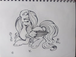 Size: 4608x3456 | Tagged: safe, artist:dreamy990, imported from derpibooru, fluttershy, mouse, pony, lying down, monochrome, prone, solo, traditional art