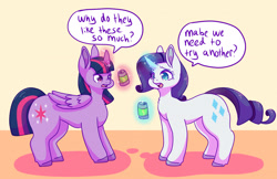 Size: 1280x828 | Tagged: safe, artist:fatfurparadise, imported from derpibooru, part of a set, rarity, twilight sparkle, alicorn, pony, unicorn, backwards cutie mark, can, commission, curved horn, dialogue, duo, female, horn, levitation, looking at each other, magic, mare, open mouth, telekinesis, this will end in weight gain, twilight sparkle (alicorn)