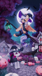 Size: 1706x3034 | Tagged: safe, artist:inowiseei, imported from derpibooru, oc, oc only, bat, pegasus, pony, unicorn, broom, female, fence, flying, flying broomstick, halloween, hat, holiday, house, jack-o-lantern, lantern, mare, moon, night, pumpkin, pumpkin bucket, sign, skull, witch hat