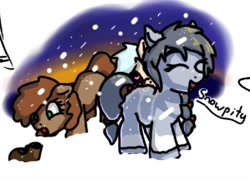 Size: 1006x729 | Tagged: safe, artist:neuro, imported from derpibooru, oc, oc only, oc:evergreen, oc:puffins, earth pony, pony, boots, bow, duo, eyes closed, female, filly, fluffy, hair bow, shoes, snow, snowfall, snowpity, snowpony (species), taiga pony, tail, tail bow, unshorn fetlocks, yakutian horse