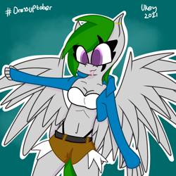 Size: 1280x1280 | Tagged: safe, artist:ukedideka, imported from derpibooru, oc, oc only, oc:quizzical aphre, anthro, pegasus, belly button, clothes, ear piercing, eye clipping through hair, pegasus oc, piercing, shorts, simple background, smiling, spread wings, standing, tongue out, wings