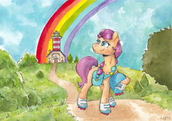 Size: 6782x4796 | Tagged: safe, artist:lightisanasshole, imported from derpibooru, sunny starscout, earth pony, pony, bag, blushing, bush, button, buttons, chest fluff, day, ear fluff, female, field, g5, grass, grass field, helmet, hill, lighthouse, looking back, looking up, mare, neck fluff, outdoors, rainbow, road, roller skates, sky, smiling, solo, traditional art, tree, watercolor painting