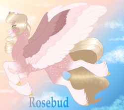 Size: 2422x2142 | Tagged: safe, artist:inisealga, imported from derpibooru, oc, oc only, oc:rosebud, pegasus, pony, spoiler:my little pony: a new generation, flying, g5, high res, my little pony: a new generation, offspring, parent:pipp petals, parent:sprout cloverleaf, pegasus oc, shipping, simple background, sky, spread wings, wings