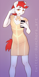 Size: 2500x4898 | Tagged: safe, artist:oneofyouare, imported from derpibooru, oc, oc only, oc:silver bubbles, anthro, plantigrade anthro, unicorn, bandage dress, bodycon, choker, clothes, collarbone, crossdressing, dress, male, phone, red hair, solo, tight clothing, white coat