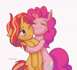 Size: 1200x1102 | Tagged: safe, artist:katakiuchi4u, imported from derpibooru, pinkie pie, sunset shimmer, earth pony, pony, unicorn, equestria girls, :t, animated, bipedal, blushing, cheek squish, cheek to cheek, curved horn, cute, diapinkes, eye clipping through hair, eyebrows, eyebrows visible through hair, eyes closed, female, floppy ears, frame by frame, freckles, gif, grin, horn, hug, lesbian, mare, one eye closed, peppered bacon, ponytober, shimmerbetes, shipping, simple background, smiling, squishy cheeks, sunsetpie, white background