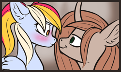 Size: 1316x780 | Tagged: safe, artist:colourwave, imported from derpibooru, oc, oc only, oc:caelicus dawnus, oc:colourwave, alicorn, pegasus, pony, alicorn oc, blushing, caeliwave, chin fluff, embarrassed, eye contact, female, floppy ears, horn, infatuation, looking at each other, male, mare, multicolored hair, pegasus oc, ponytail, shipping, smiling, stallion, wings